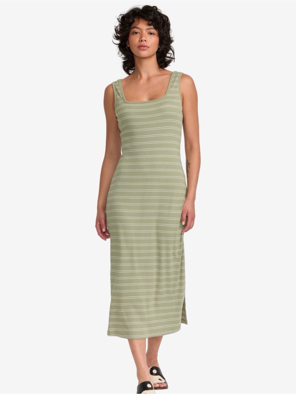 RVCA Olive Green Striped Tank Midi Dress